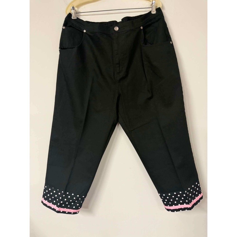 Quacker Factory Womens 1X Black Pants Cropped Polka Dot Cuff Pink Ribbon Trim
